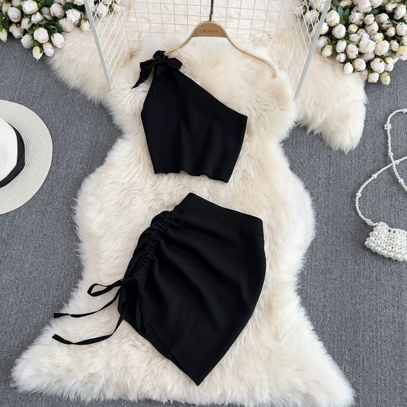 

Off-the-Shoulder Diagonal Collar Single Side High Waist Hip Fashion Suit Black All yards