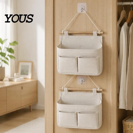 Dorm Room Essentials for Students Wall Hanging Storage Bag with 3 Pockets, Cotton And Linen Waterproof Organizer Bedroom Pouch, Over The Door