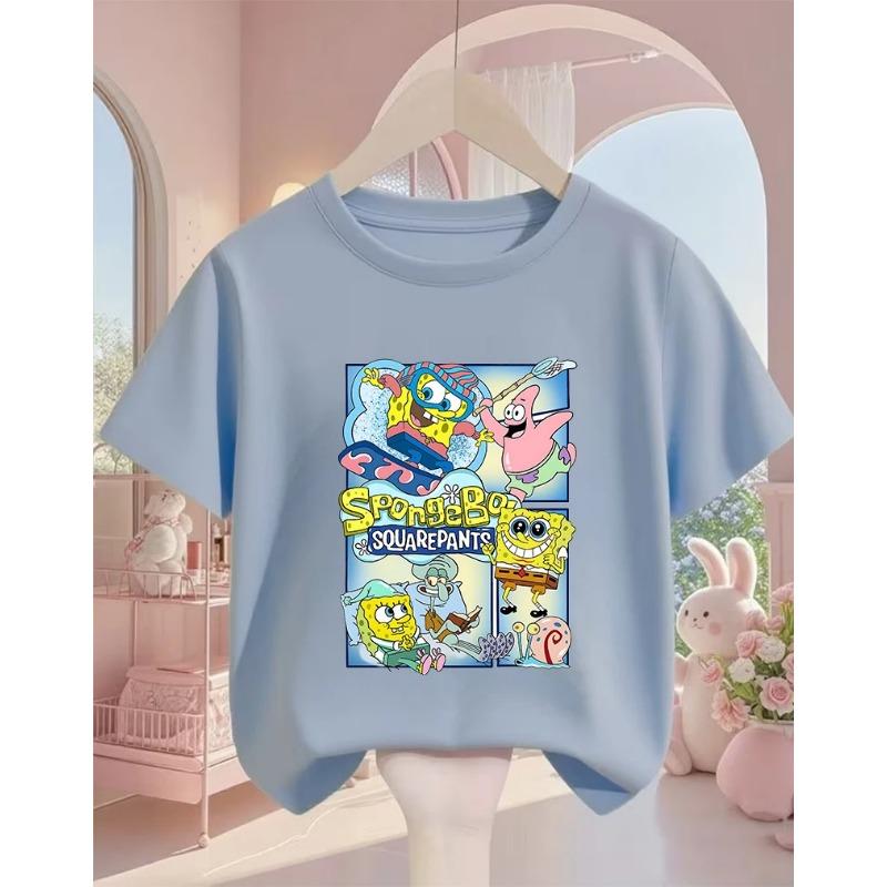 Summer Cute SpongeBob SquarePants Cartoon T Shirt 3-14Y Boys Girls Kawaii Fashion Street Hot Casual Crew Neck Kids