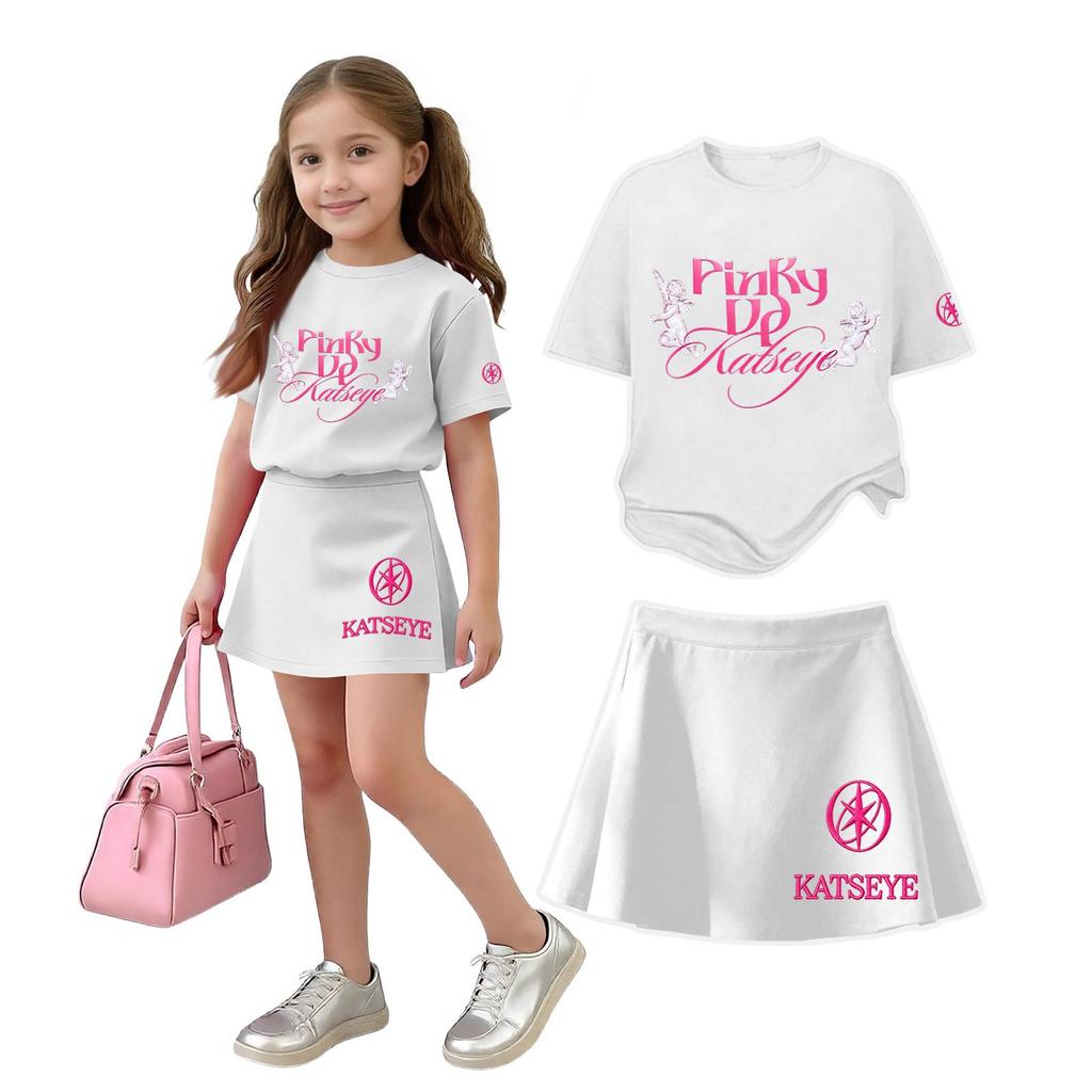Girls Casual Two Piece Set Loose Fit Short Sleeve Crew Neck Top with Printed Design and Matching Skirt Comfortable Summer Outfit