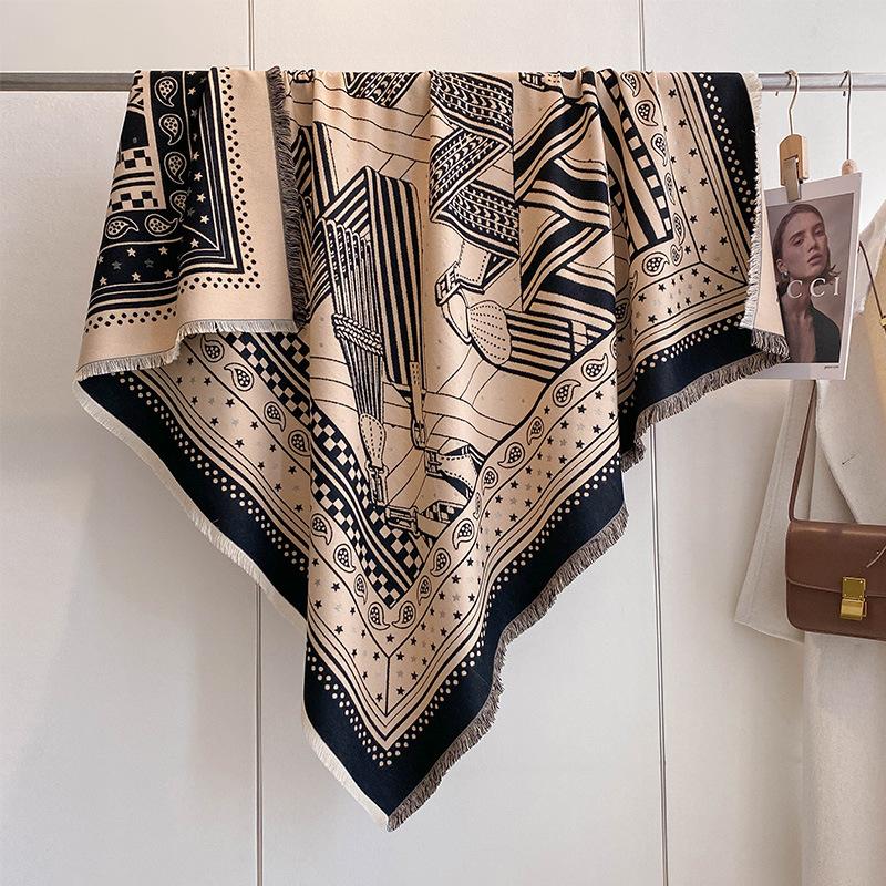 Polka Dot Cashew Scarf Geometric Line Splicing Shawl Women'S Imitation Cashmere Warm Square Scarf