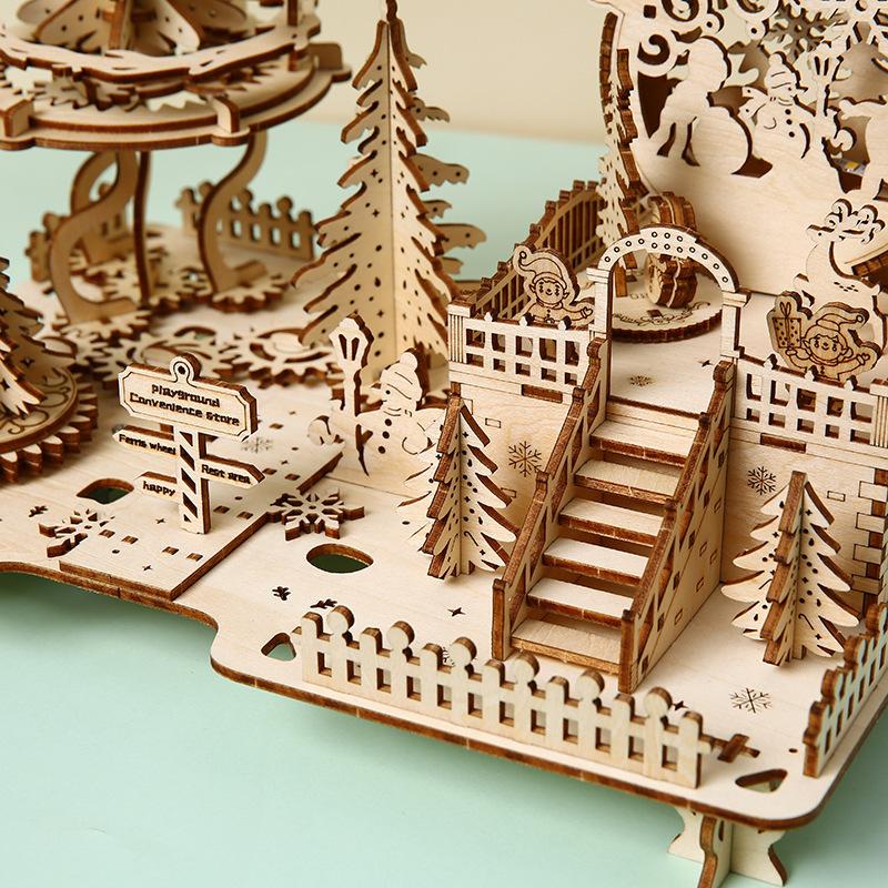 3D Wooden Puzzle Christmas Amusement Park Deer Carriage Music Box with Light Assembly Toy for Kid DIY Decoration for Gifts