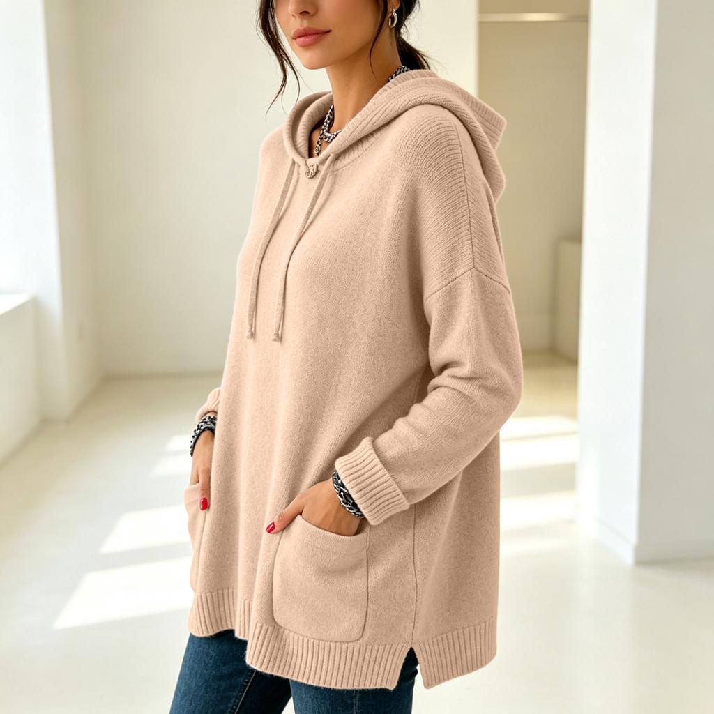 Women's round-neck solid-color long-sleeved double-pocket hooded sweater in knitted fabric