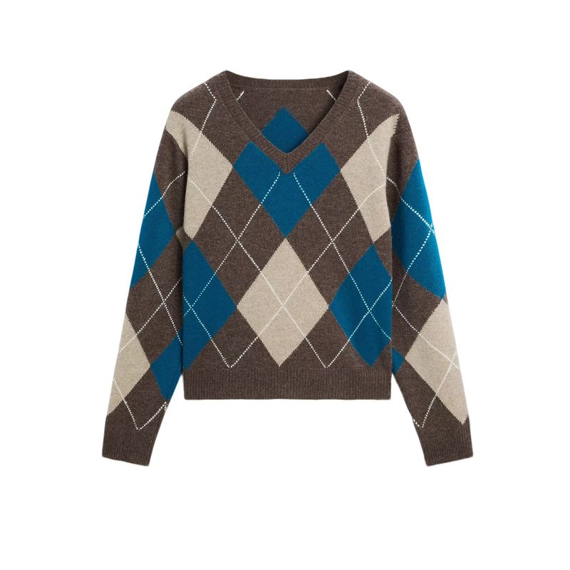 MD Autumn Women clothes Preppy Fleece Blended Diamond Plaid Retro V-neck Sweater Knit 5692593