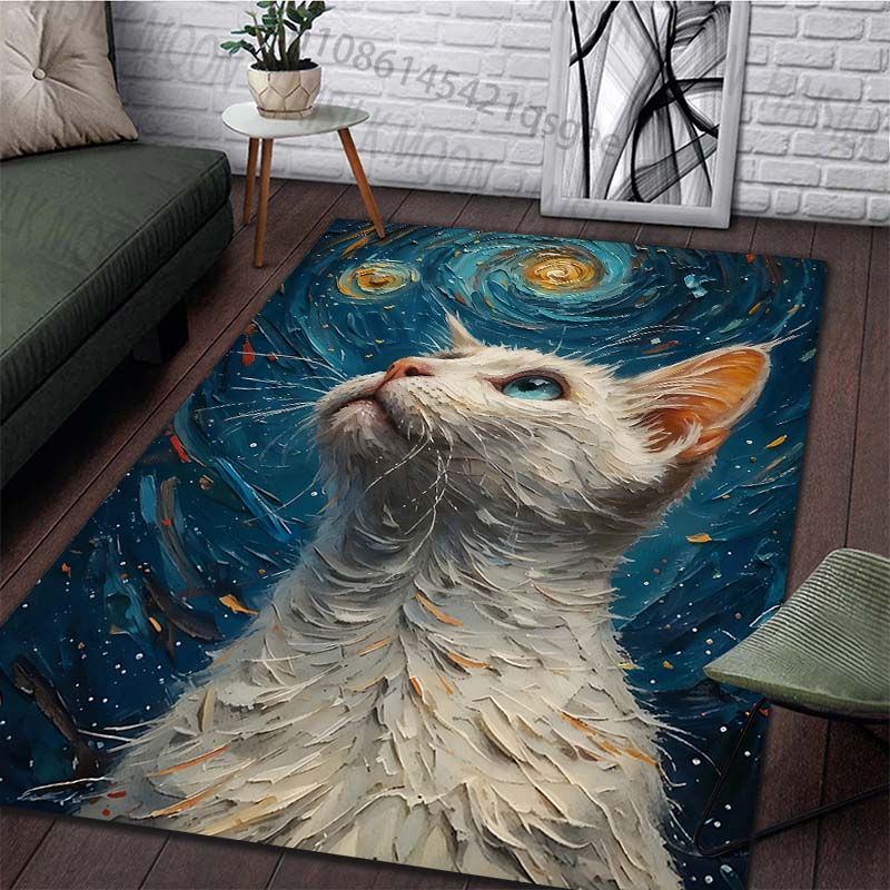 1PC Cat and starry night artwork Print Carpet Rug for Living Room Bedroom Sofa Doormat Home Decor Non-slip Floor Mat