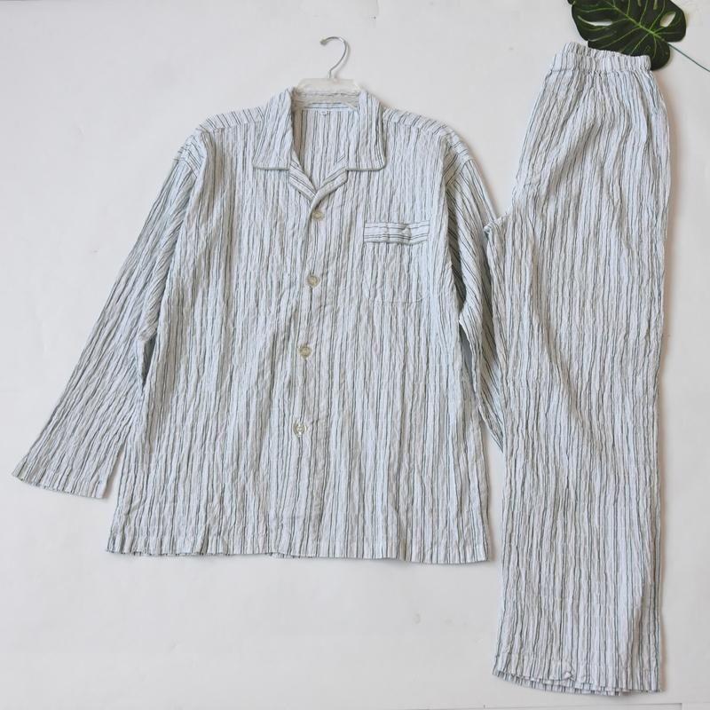 Orders Exported to Japan Men's Cotton Stripe Long sleeve Trousers Pajamas Set Spring, Summer and Autumn Thin Breathable Skin-friendly Homewear