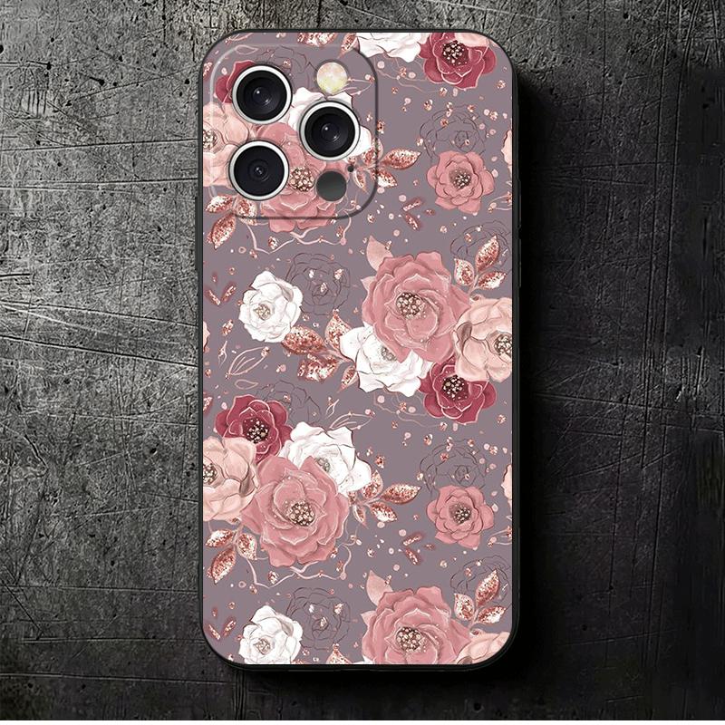 

Beautiful Rose Gold Art Soft Phone Case for iPhone 16 16E 17 Air 15 Pro Max 14 Plus 13 Mini 11 12 7 Black Cover Back Shell iPhone 15