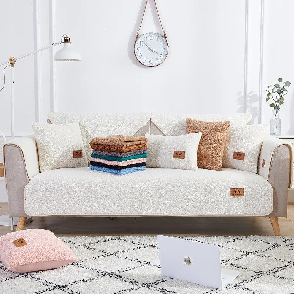 Capa de sofá moderna de lã de cordeiro macia e suave, capa de pelúcia espessa, tapete de inverno, toalhas de sofá antiderrapantes
