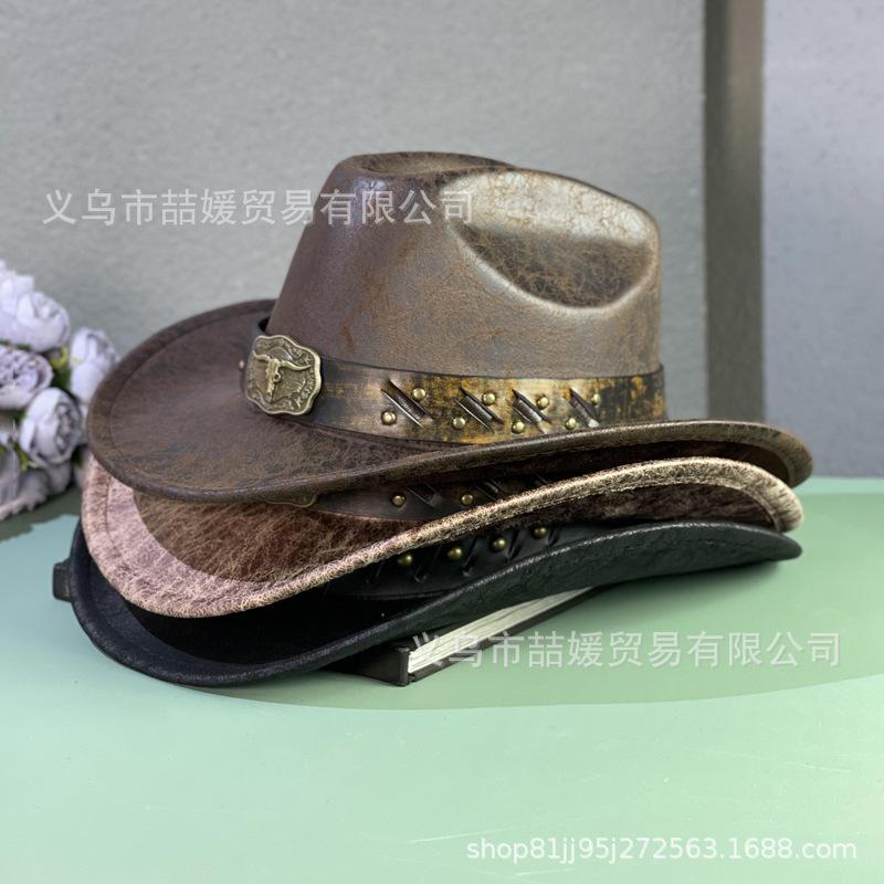 Dyed Bull Head Belt Western Cowboy Hat, European and American New Cracked Jazz Top Hat