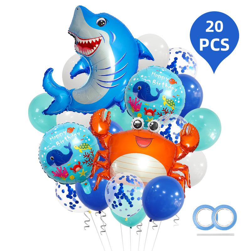 Marine Animal Blue Sequins Latex Balloon Set for Birthday - Crab, Shark, Ocean Theme