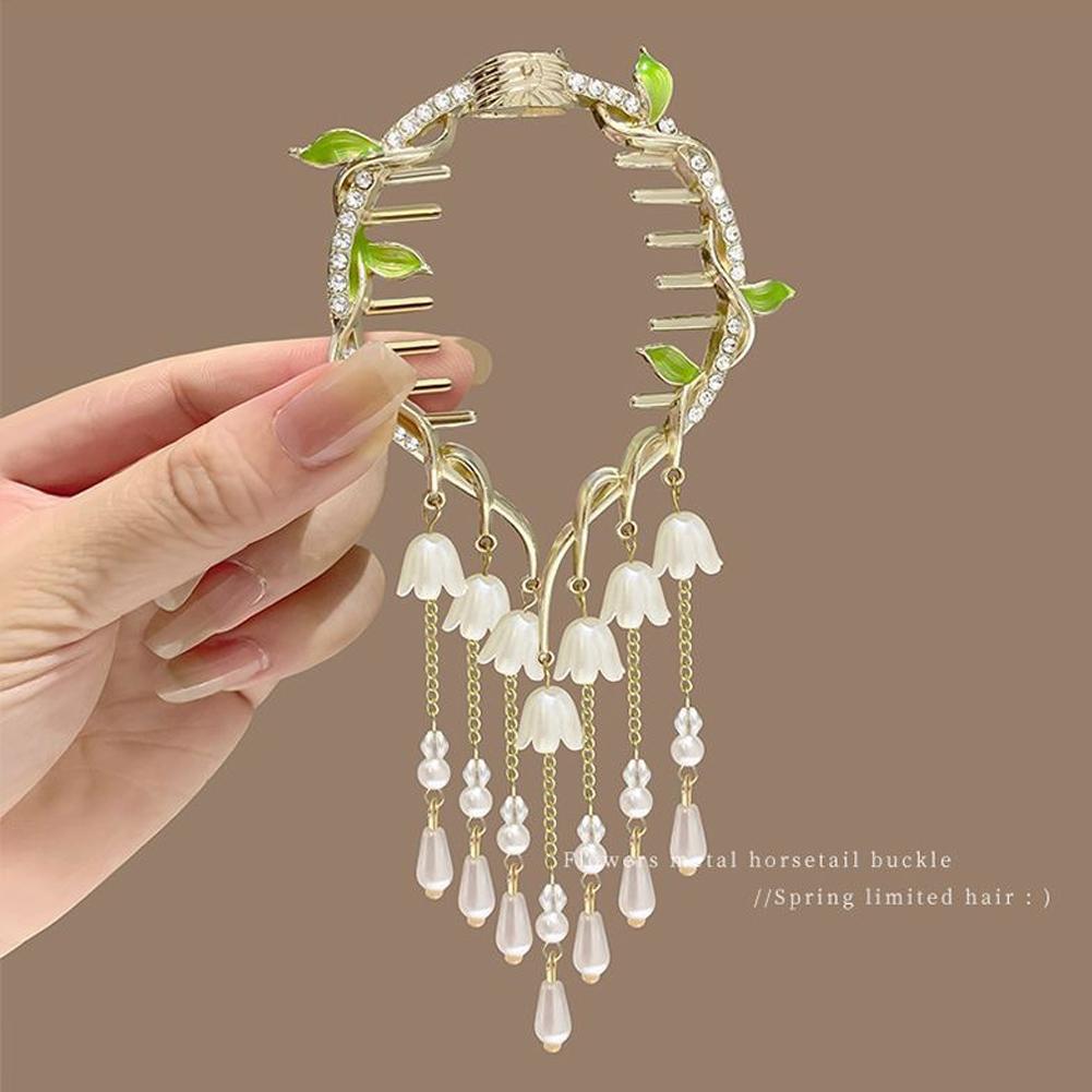 Elegant Tassel Hair Claw Rhinestone Pearl Flower Tassels Hair Clip Women Girl Ponytail Holder Hairpins Fringe Hair Accessories