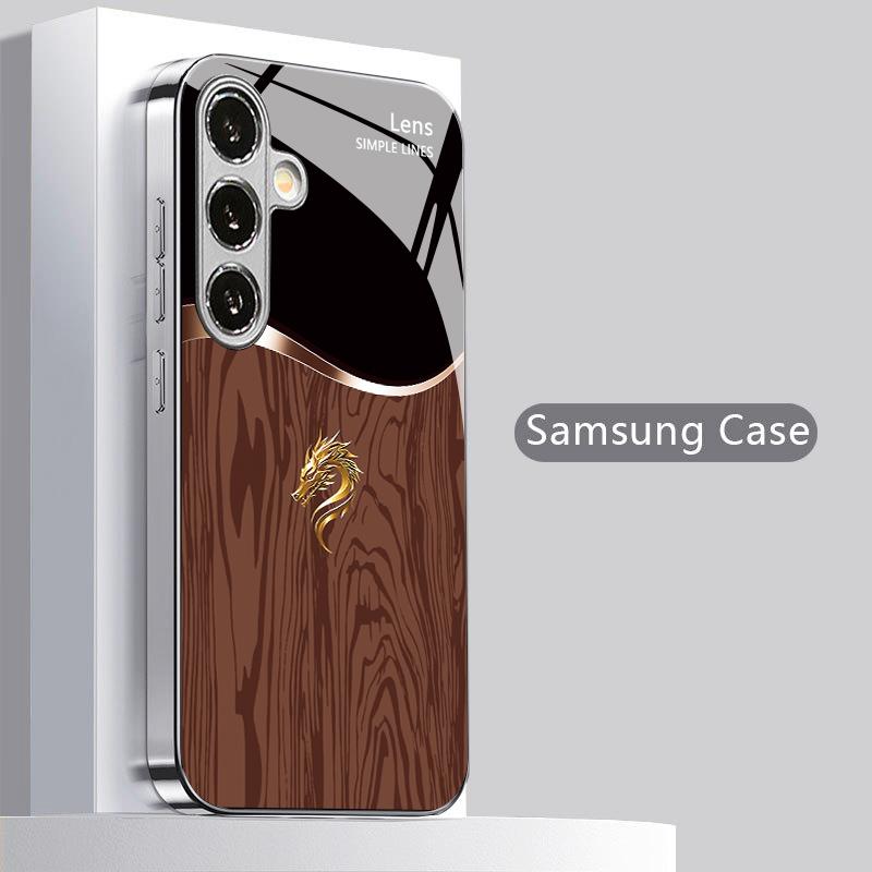 Wood Grain Golden Dragon Pattern 2D Phone Case for Samsung S26 S25 S24 S23 S22 S21 S20 A56 A36 A16 - Glass Protective Cover
