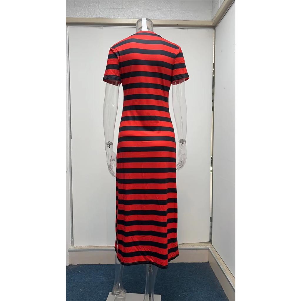 Women's Dress Short-sleeved V-neck Loose Striped Print Slit Long Dress