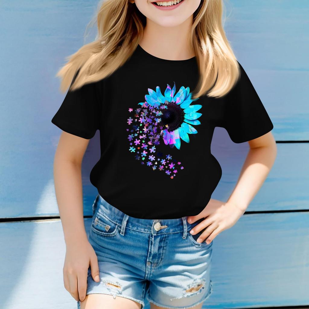Children's Round Neck Casual Floral Small Print Short Sleeve T-shirt Top