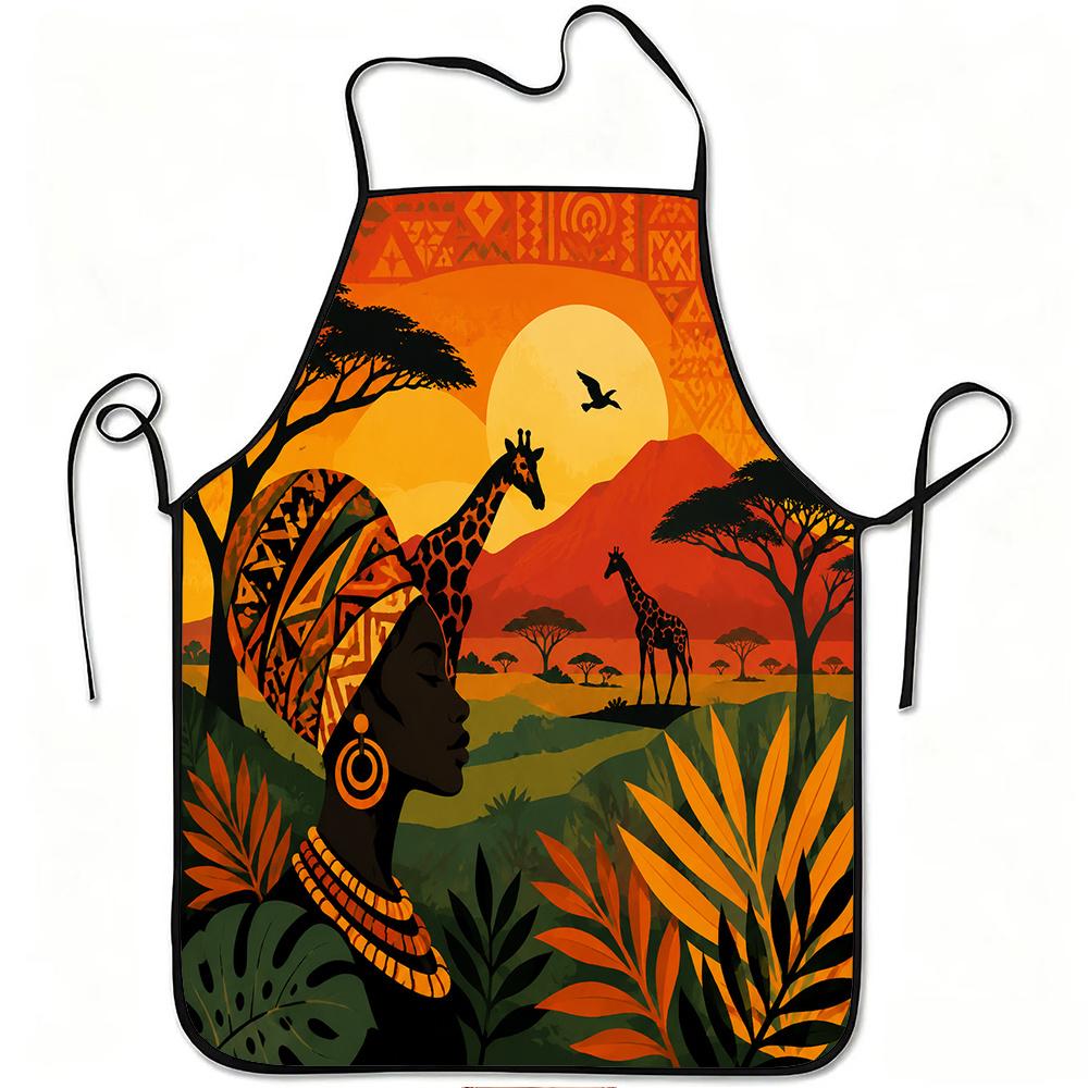 1pc African Safari Giraffe Sunset Print Apron, Durable And Easy to Clean, Adjustable Waistband, Polyester Material, for Kitchen Cooking, Gardening, Or