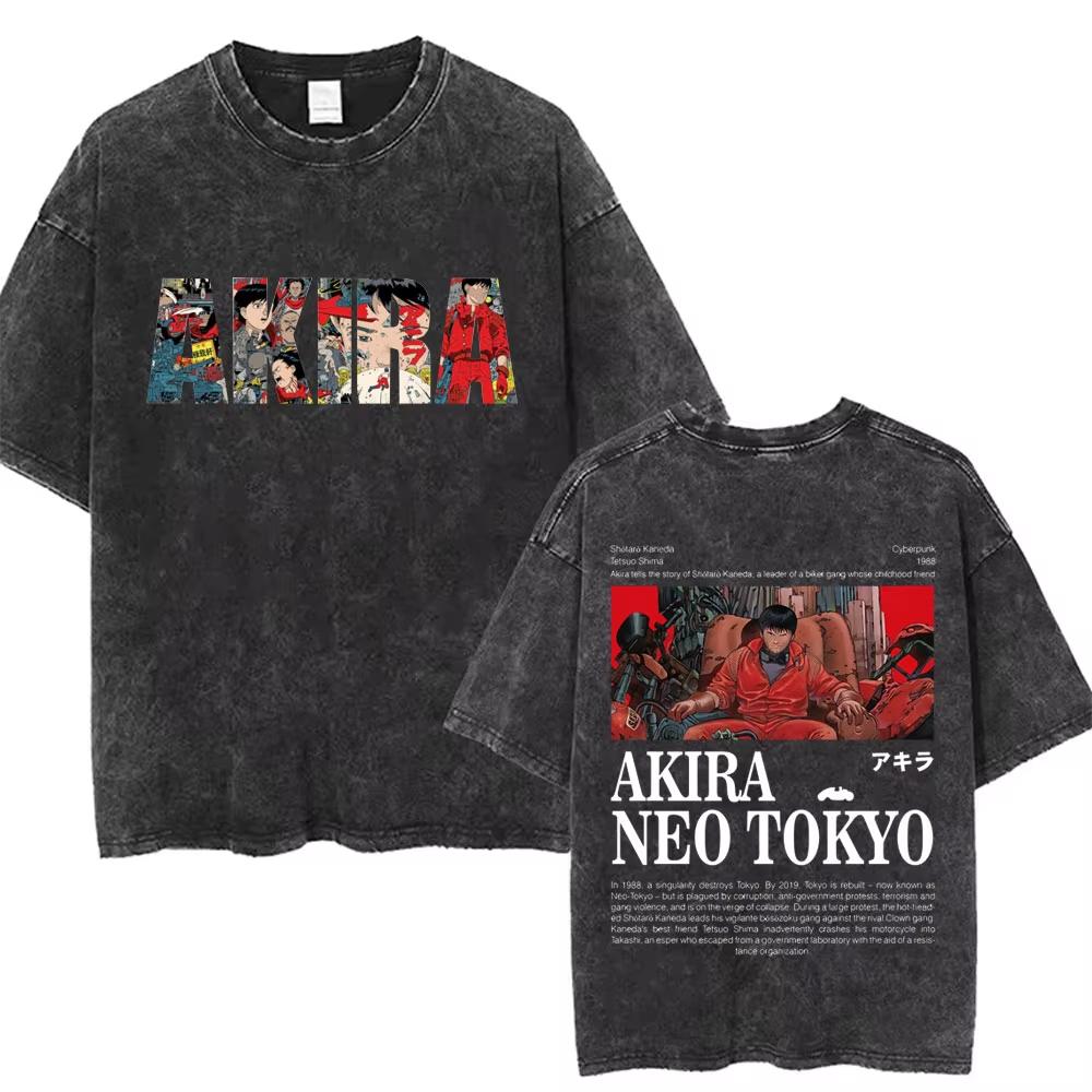 2026 Summer Fashion Trendy Tee Washed Retro Japanese Anime Akira Print Cotton Men Woment Tshirt Y2k Hip Hop Streetwear Tshirt