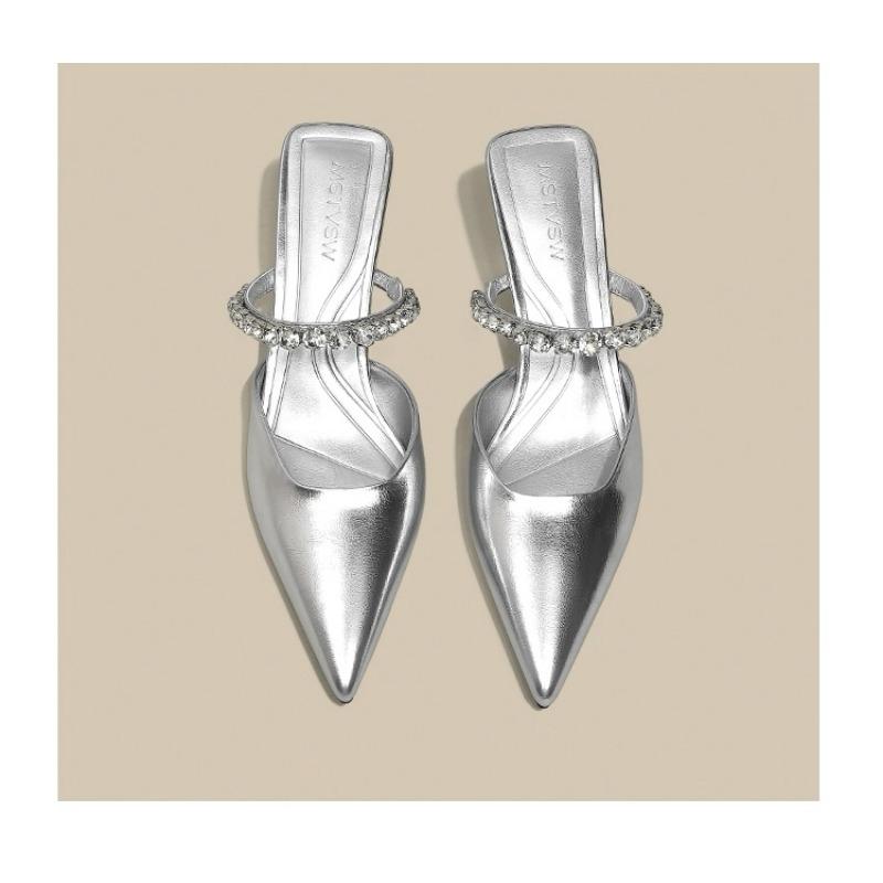 Fashion New Fashion Summer French Black Pointed Patent Leather Mid-heel Overhead Sandals for Women Retro Skinny Heel Back Empty Shoes