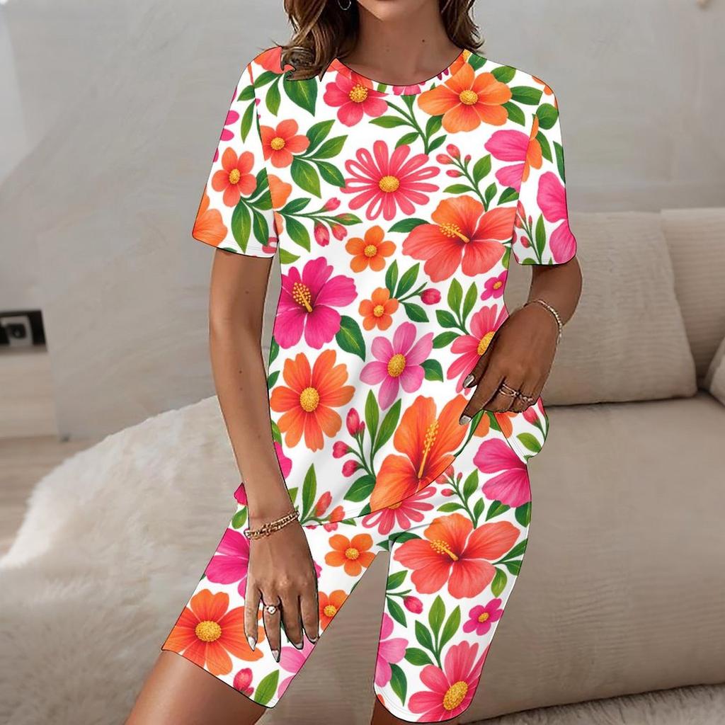 Women Plus Size Floral Printed Round Neck Short Sleeve Longline Top Fitted Shorts Two Piece Set