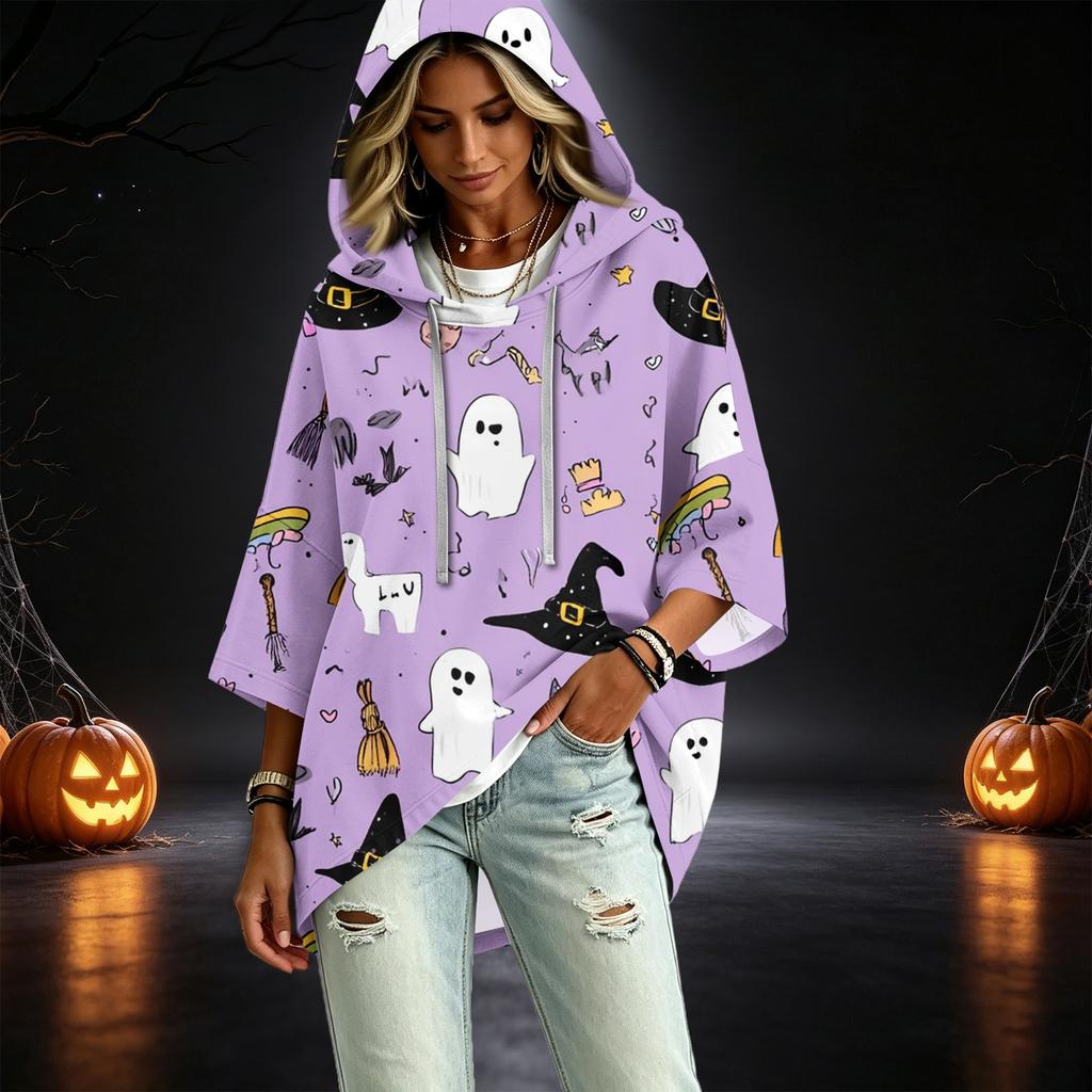 Women's Halloween Printed Hoodie 3/4 Sleeve Pullover Casual Tunic for Party