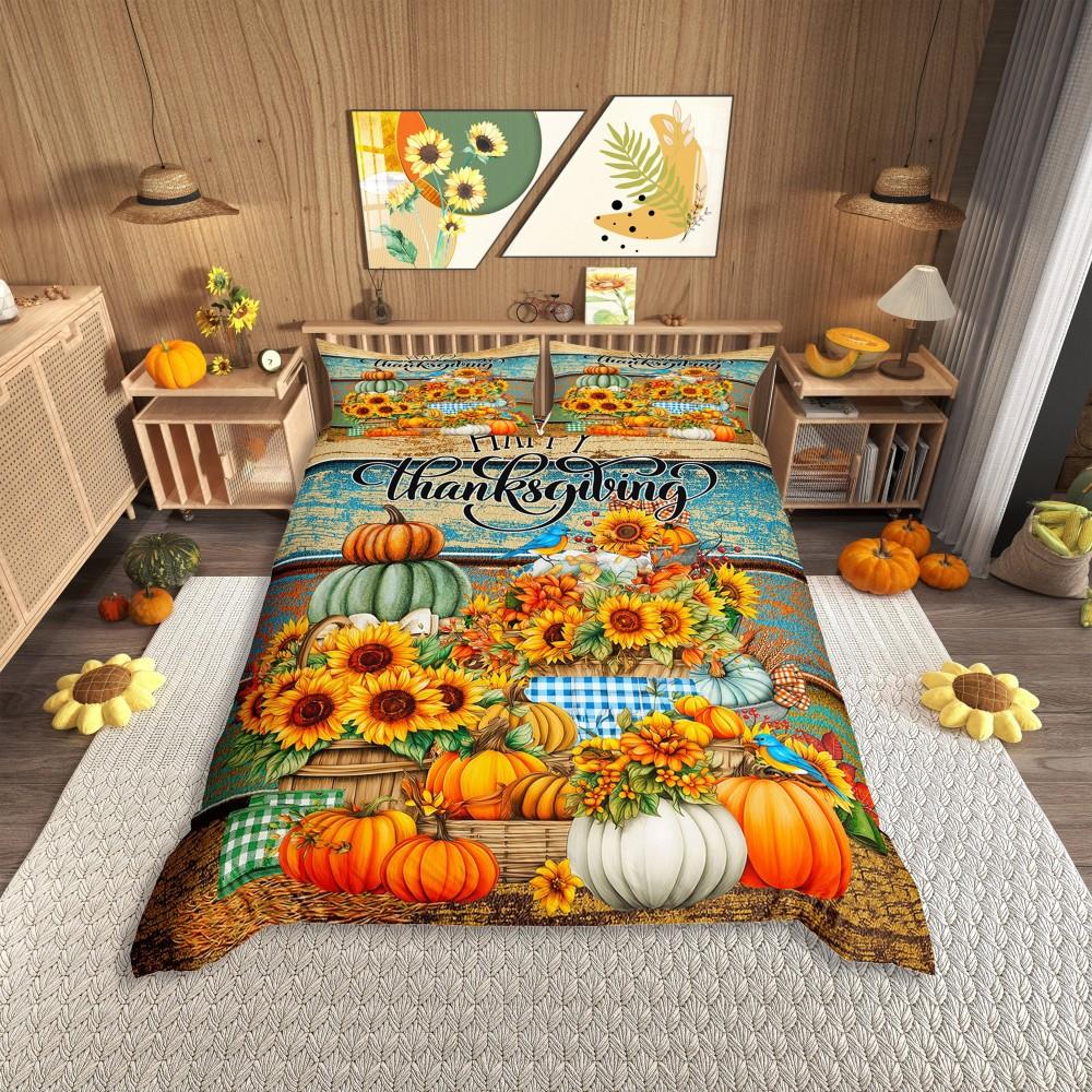 Homewish Vintage Orange Pumpkin Duvet Cover Set for Kids,Kawaii Girl Gnome Bedding Set,Rustic Farmhouse Bed Set