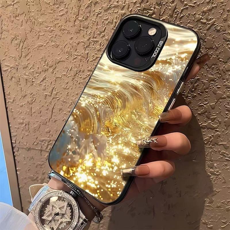 Luxury Golden Wave Glitter Phone Case For iPhone 17 16 Pro Max 17e 16e 15 14 13 12 11 8 7 SE 2020 Case Embossed Shockproof Cover