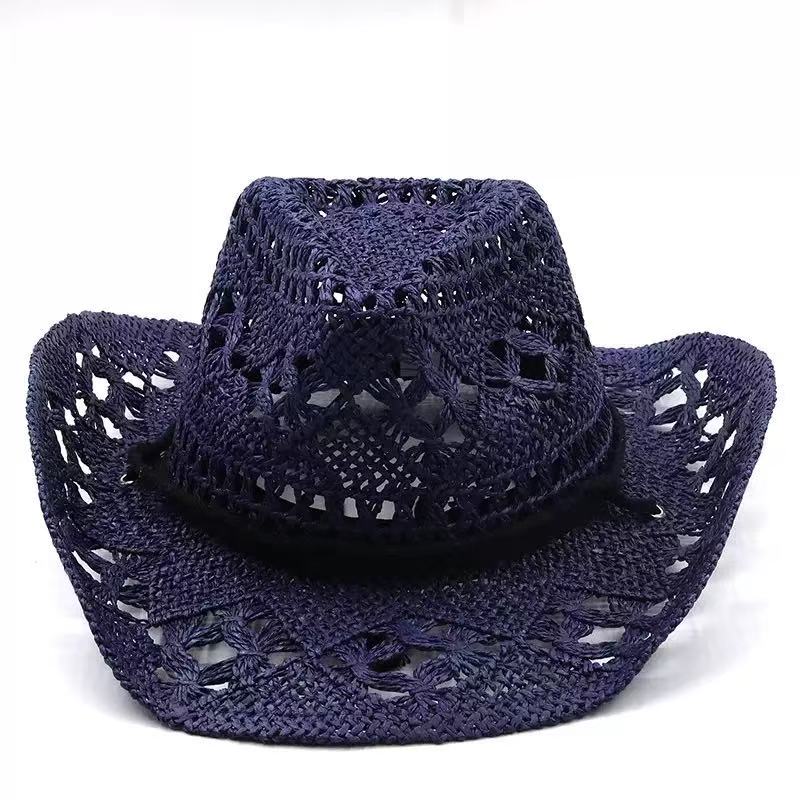 New Summer Outdoor Unisex Hollow Out Woven Cowboy Hat Sun-Protective Western Cowboy Straw Hat