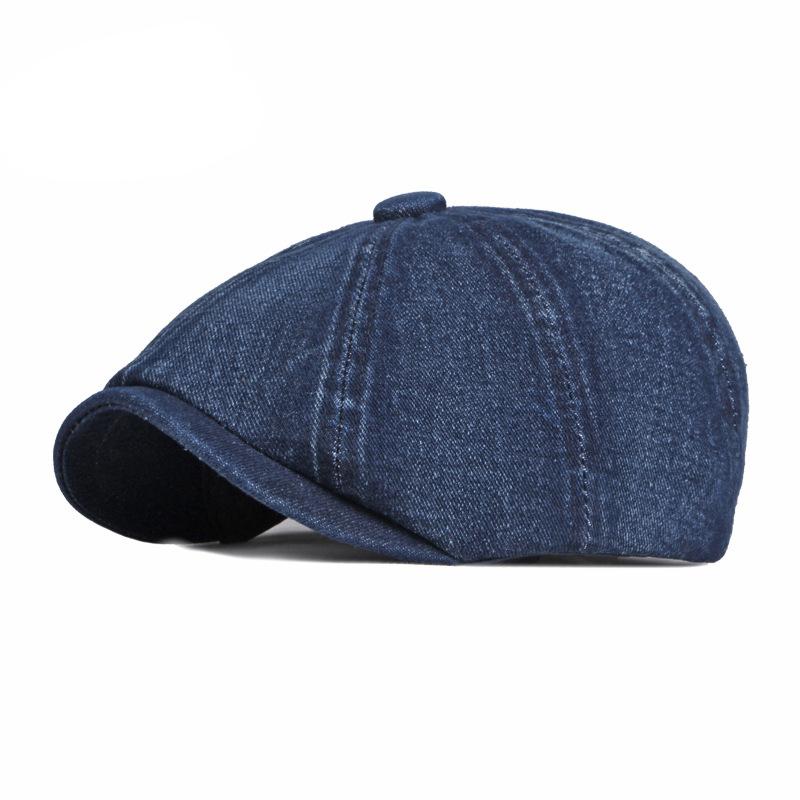 

Men s Octagonal Hat Casual Solid Eight-blade Berets Washed Denim Newsboy Cap Women Painters Hat Peaked Herringbone Flat Cap темно-синього кольору