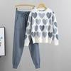 Set 2 Pezzi/Set Donna Top Pantaloni Set Stampa Cuore Decorazione Perline Girocollo Maniche Lunghe Felpa Vita Elastica Pantaloni alla Caviglia con Elastico Outfit Sportivo Autunno