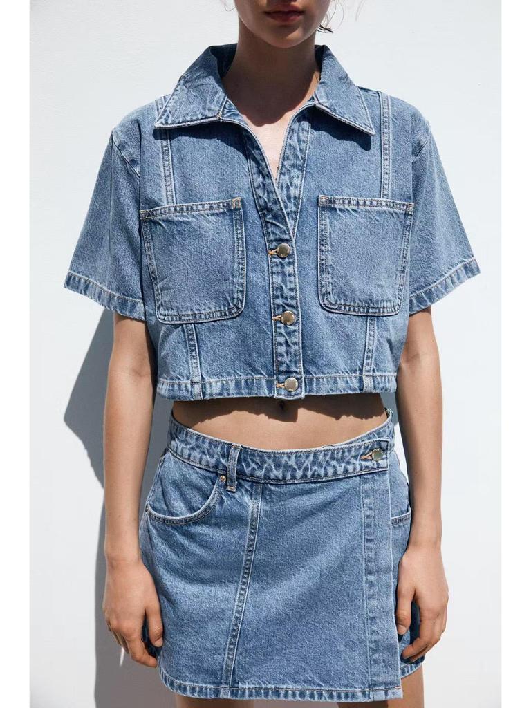 Women's Summer V-Neck Short Sleeve Top & High-Waisted Denim Two-Piece Set