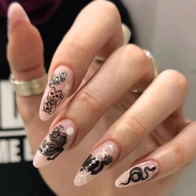 Wearable manicure dark lucky cat flower snake dragon pattern wearing nail piece nail piece false nail