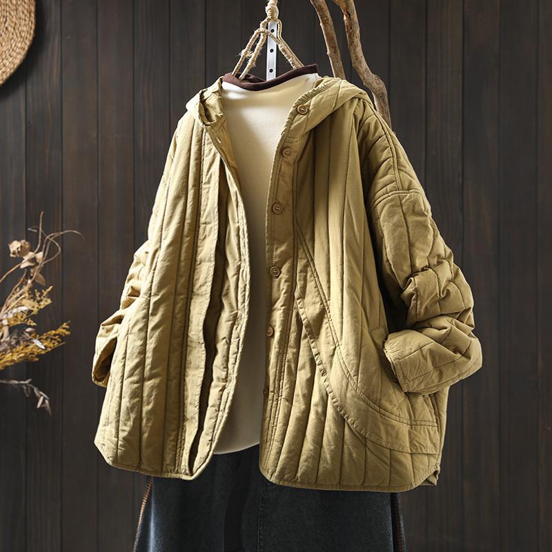 Women's Retro Winter Quilted Cotton Jacket with Hood, Vertical Stripes, Loose Fit, Petite Size, Warm & Thick Design