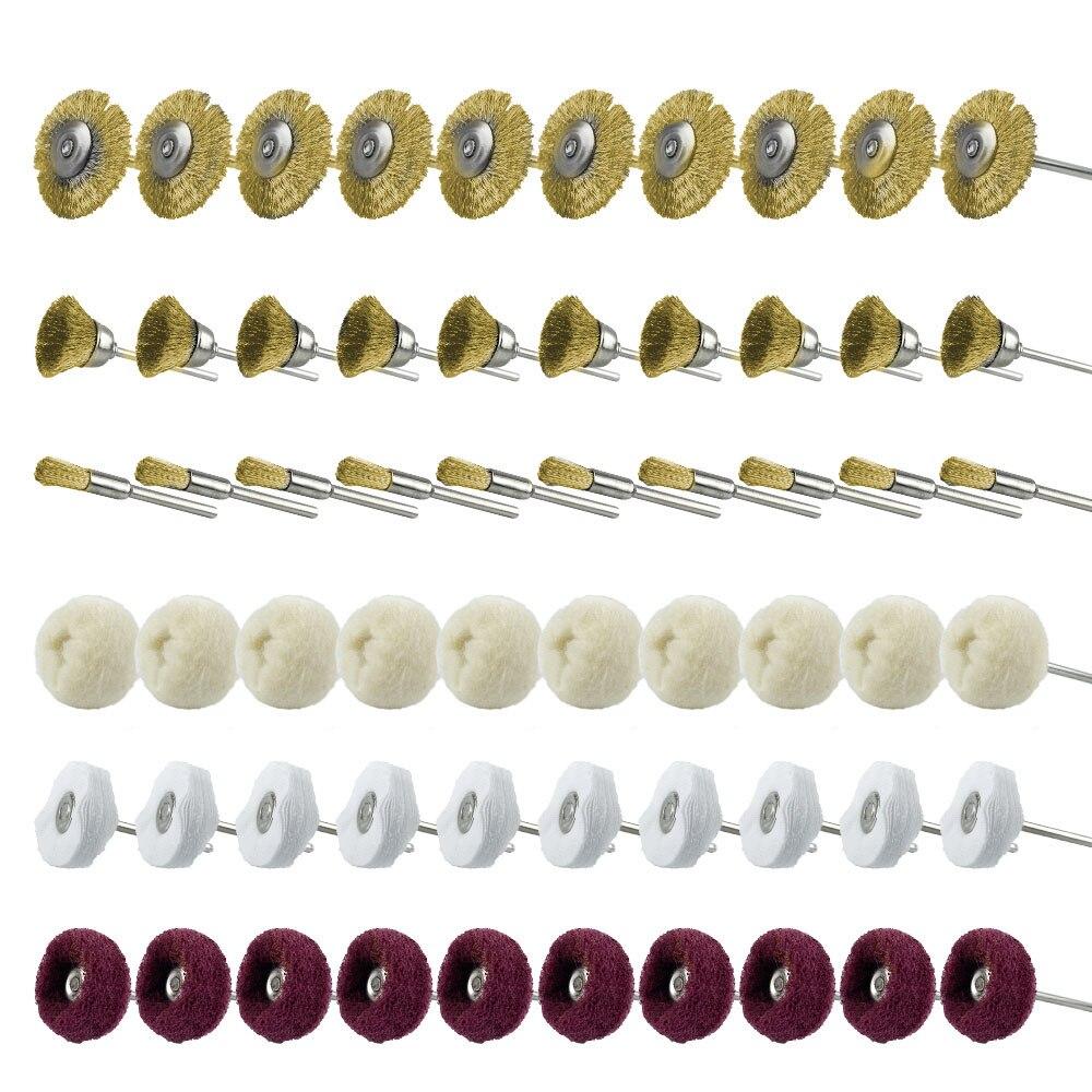 

60 шт., полировка, полировка, абразивная ткань, набор колес, хлопковый фетр, оправка, латунная проволочная щетка, колеса для вращающегося инструмента, 3 мм