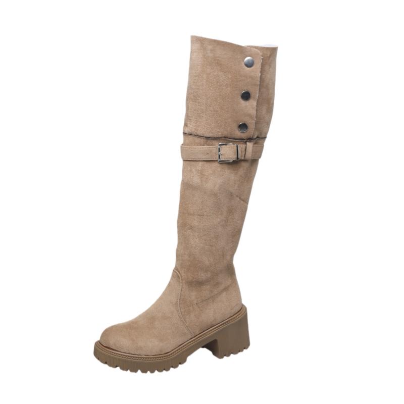 

Studded Belt Buckle Zipper Boots Winter New Round Toe Suede Platform Non-slip Block Heel Cotton Shoes 35 хаки
