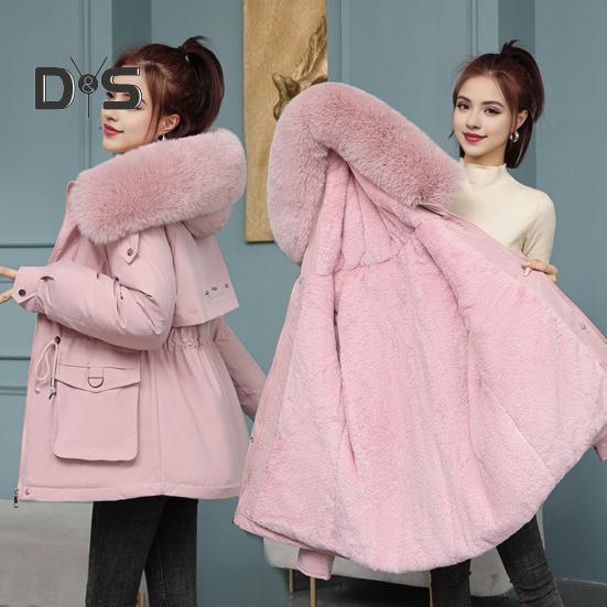 Women Winter Coat Thick Plush Furry Hooded Long Sleeves Pockets Drawstring Waist Zip-up Windproof Mid Length Overcoat Outdoor Outwear
