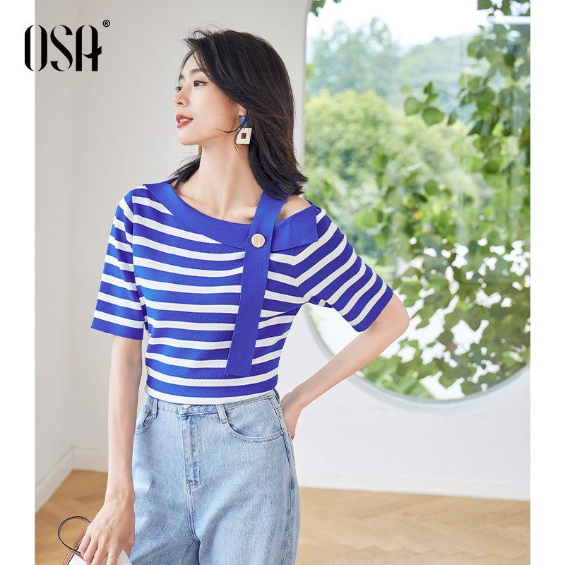 

OSA Collar Ice Silk Sweater Slimming Pullover Bluestone Blue M