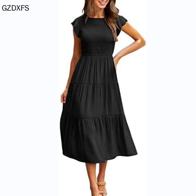 Damen-Fly-Sleeve-Fly-Sleeve-Plissee-Lagen-Kurzarmkleid mit großem Schwung