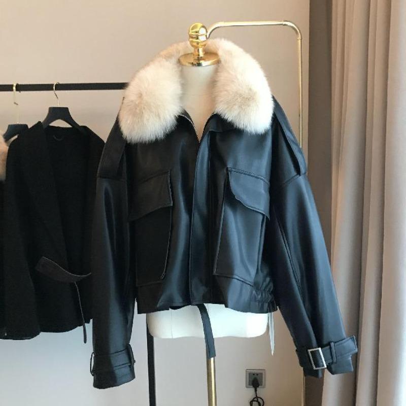 Pie overcome leather jacket women's clothing autumn and winter new fur integrated fleece thickened small short