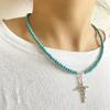 Fashion 4mm Natural Stone Turquoises Chokers Necklaces For Women Charm Light Blue&White Pendant Necklace Prayer Cross Necklace