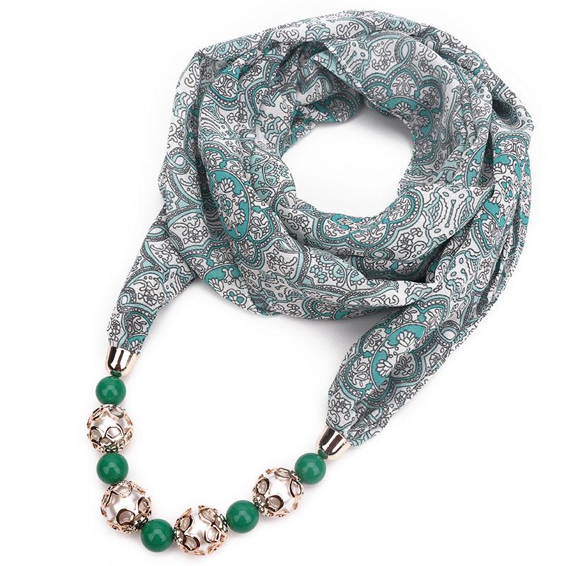 Floral Print Scarf Necklace with Beaded Chain – Elegant Women’s Fashion Jewelry & Versatile Infinity Scarf