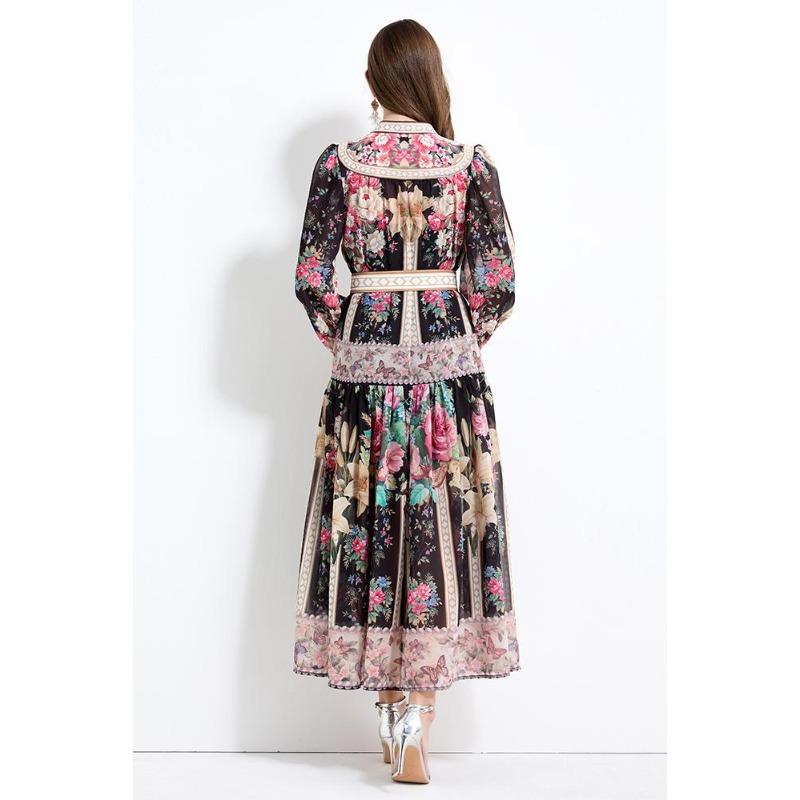 Summer Autumn Women V-neck Vintage Print Chiffon Runway Dress Single Breasted Long Maxi Oversize Vacation Beach Dresses with Belt