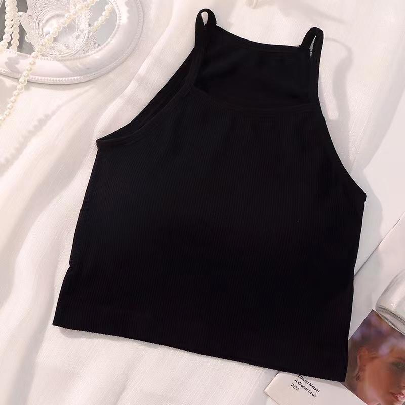 Korean Version Women Tank Tops Thread Solid Casual Fashion Crop Top with Chest Pad Stripe Sleeveless Outer Wear Basic Camisole
