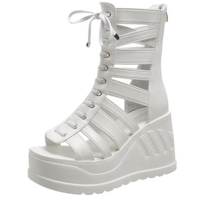 2025 Korean Wedge Sandals Women's Summer New Fish Mouth Hollow Sandals Waterproof Platform 10cm Heightened Roman Sandals Boots