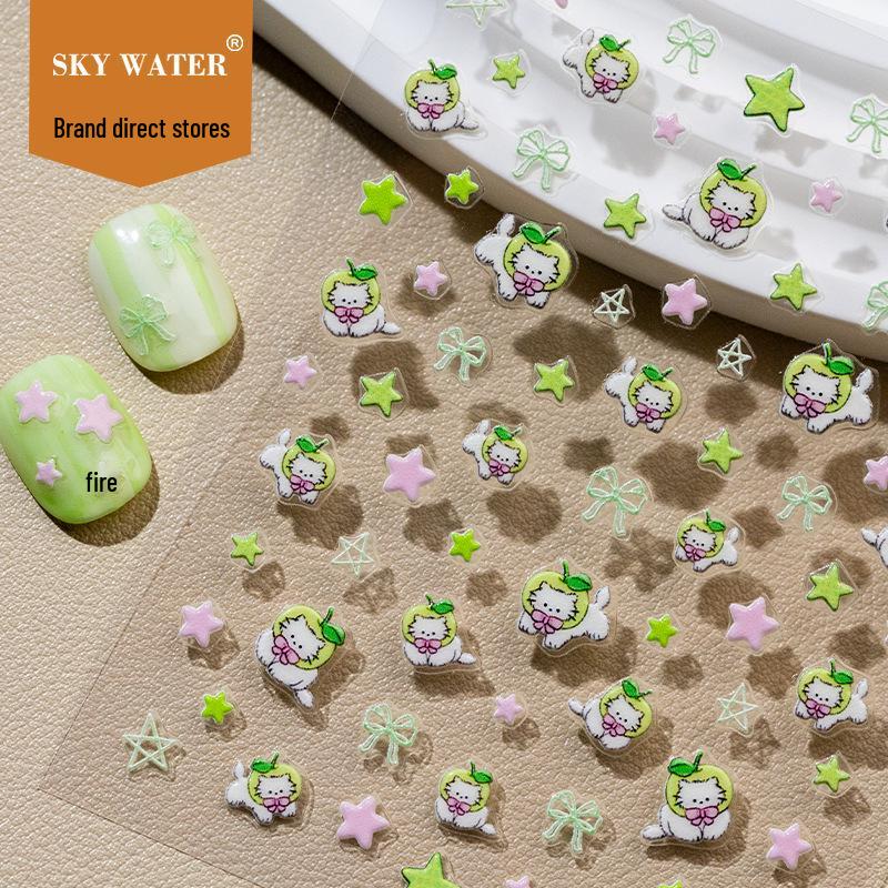 SKY Cute Chinese Style Apple Puppy Nail Stickers with Stars and Cyan Bow