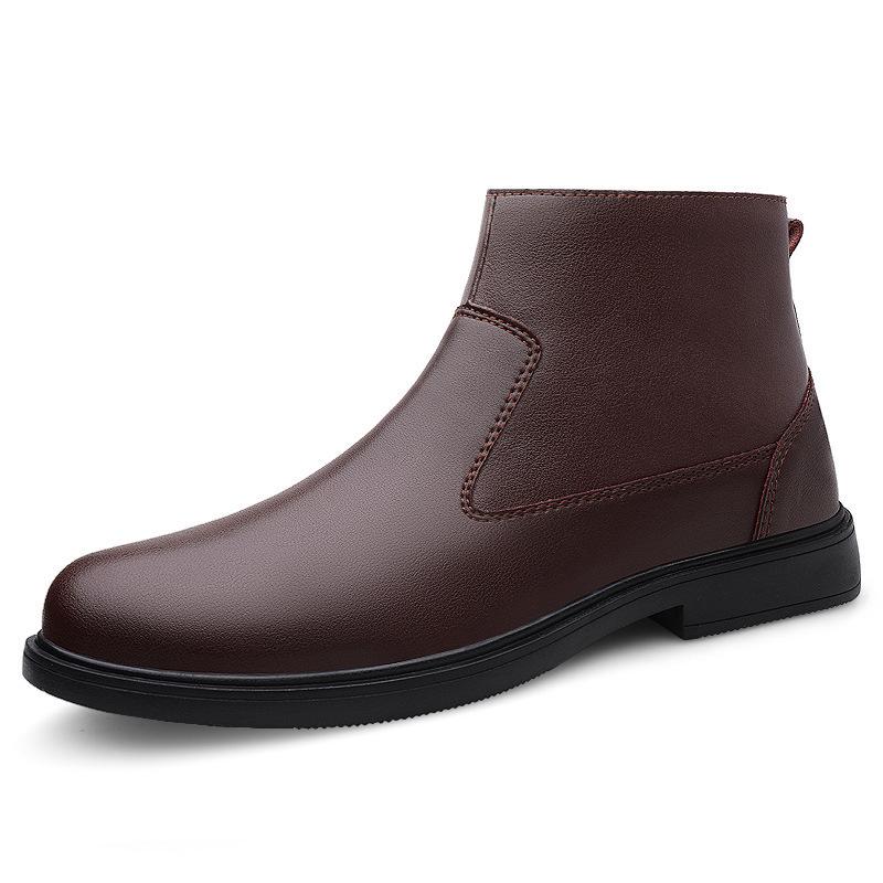 Cross-border Men's High-Top Leather Boots, Autumn/Winter, Slip-on Cowhide with Side Zipper, Large Size, Plus Velvet Warm Cotton.