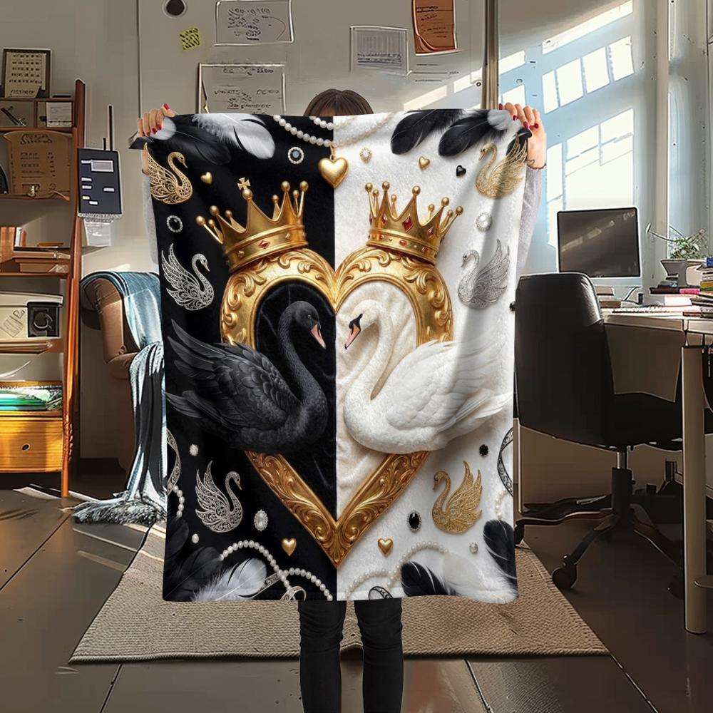 1Pc Black&White Swan Print Flannel Blanket, High quality Comfortable for All Seasons, Home Decor, Warmth and Comfort, Perfect for Christmas Gifts W33