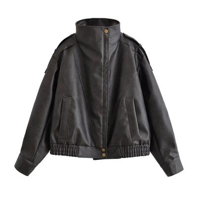 2026 Womens Street Fashion Casual Stand Collar Faux Leather Jacket W09 12407