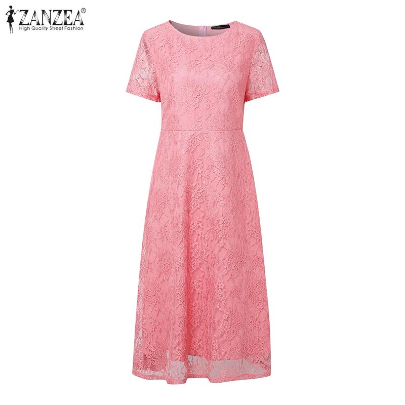 ZANZEA Damen Lässig Rundhals Kurzarm Sommer Patchwork Spitzenkleid