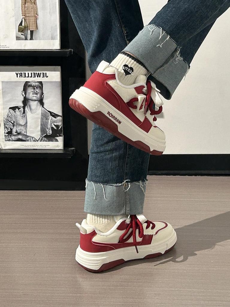 Women's Burgundy Autumn Sneakers: Breathable, Thick-Soled, Versatile Sports Shoes