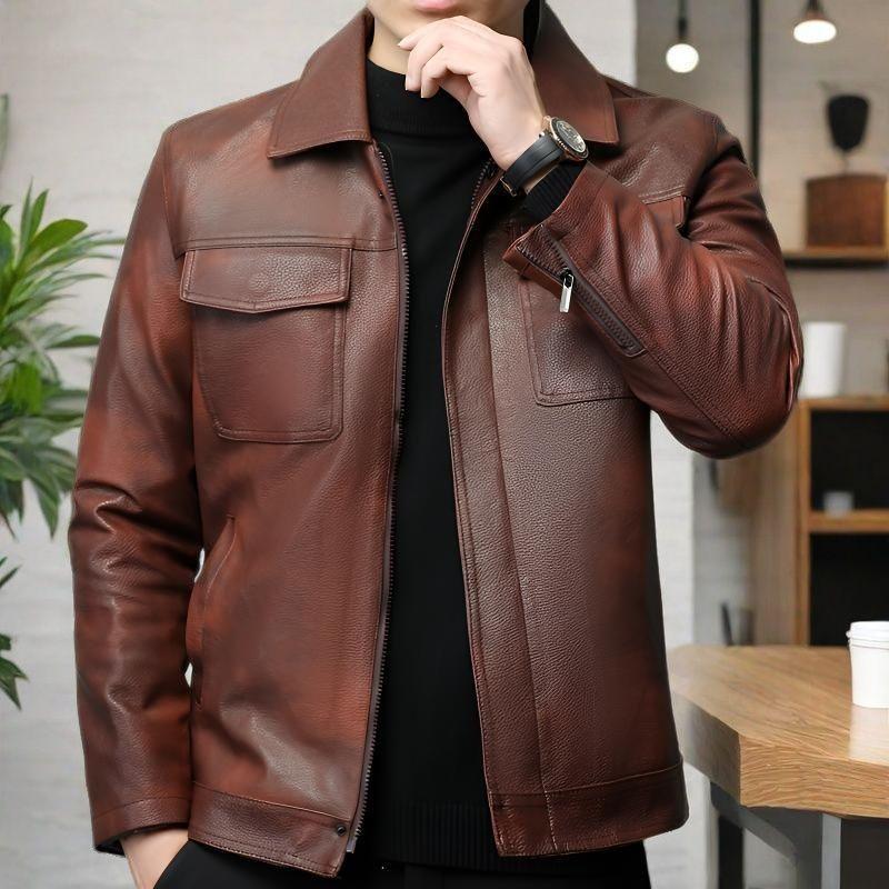 Lightweight Spring Autumn Cowhide Jacket with Leather Patternmulti-pocket Leather Jacket Fashionable Jacket for Middle Aged Men