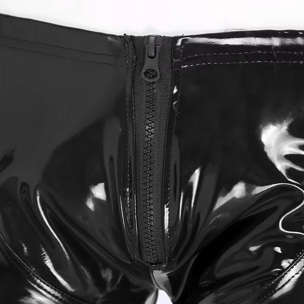 5XL Mens Sexy Open Crotch Leather Short Pants For Sex Latex Shaping Sheath Fetish Boxer Leather Underpants Bulge Pouch Sexi